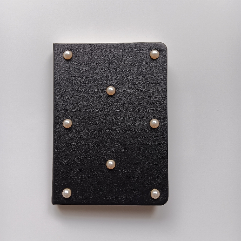 New Eccolo Journal Notepad Lined Black Cover White Pearl Shaped Beads 5 x 7